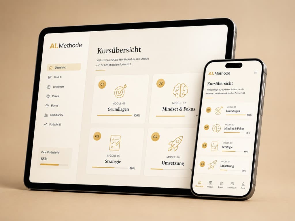 AI-Methode Kursübersicht: Module und Fortschritt auf Tablet und Smartphone